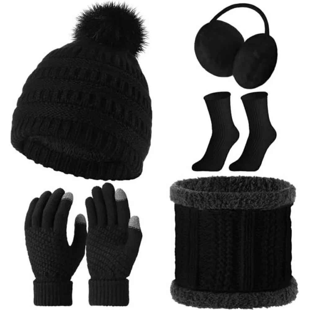 5 Pieces Women Winter Warm Set Knit Beanie Hat Scarf Touchscreen Gloves